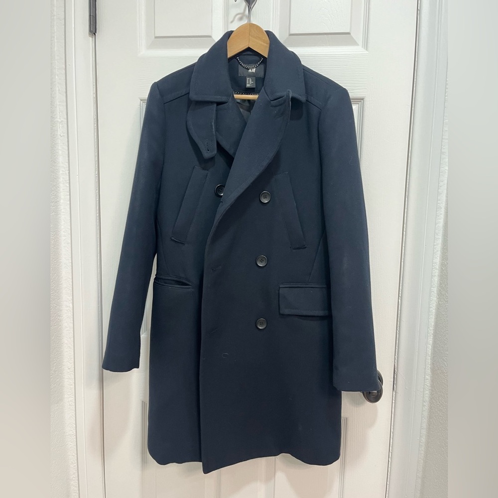H&M Navy Blue Double-Breasted long Coat Size 36R